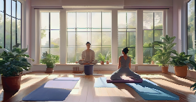 A person meditating in a sunlit yoga studio with plants and pastel-colored walls, radiating tranquility.