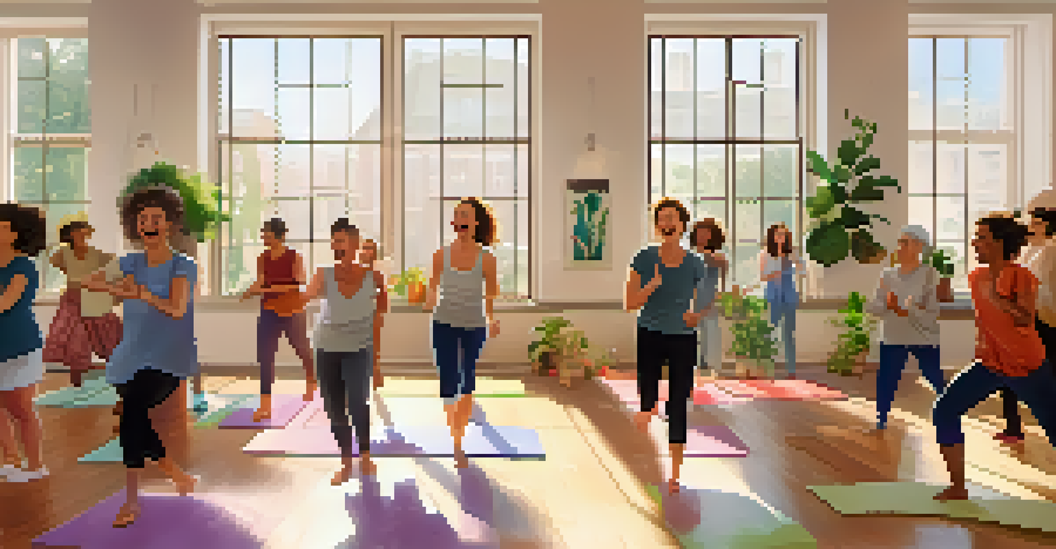An indoor Laughter Yoga class with participants laughing and a facilitator leading the session in a bright studio.