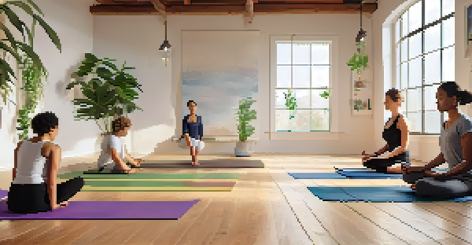A diverse group of individuals practicing yoga in a serene studio filled with natural light and plants.