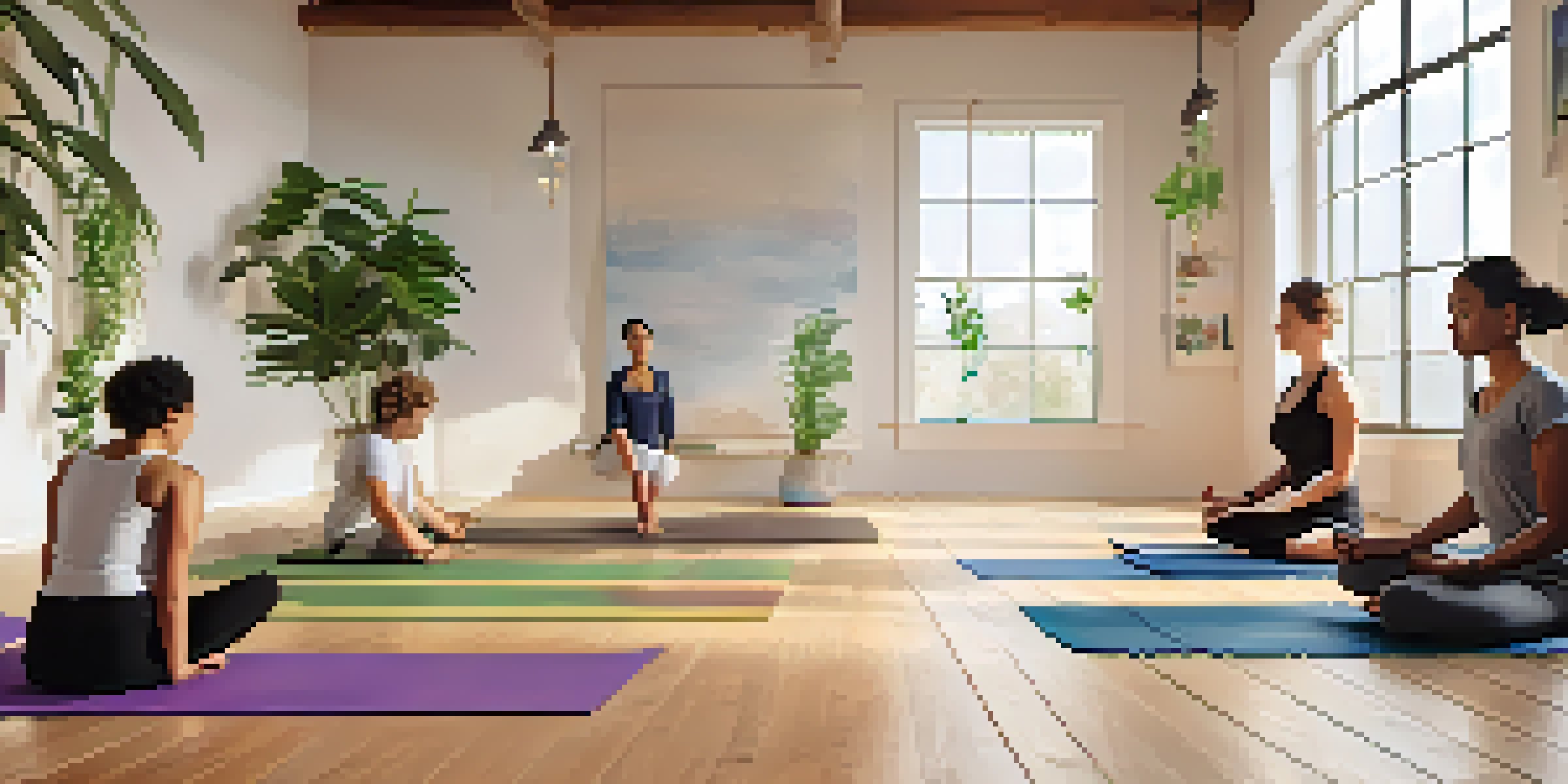 A diverse group of individuals practicing yoga in a serene studio filled with natural light and plants.