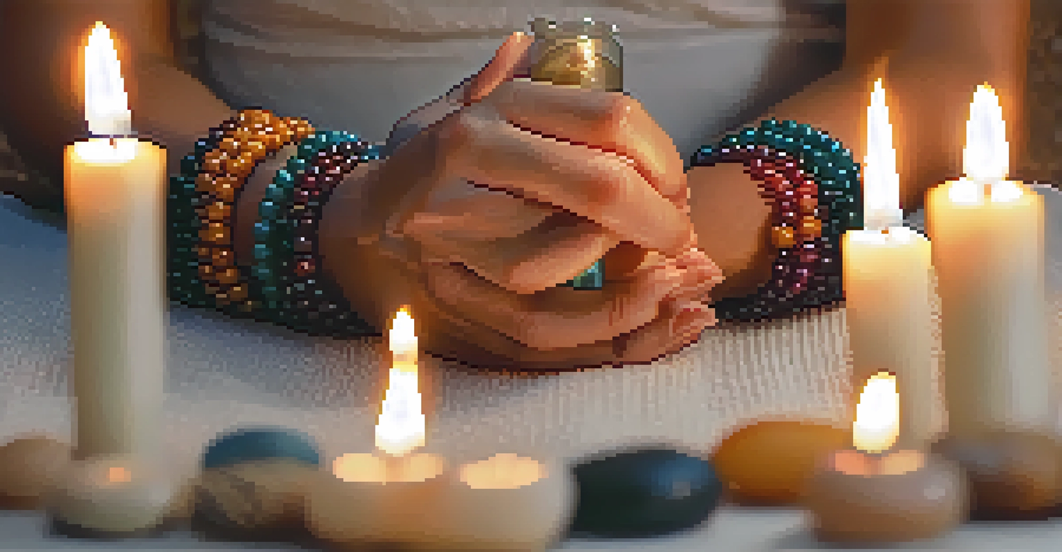 Close-up of hands holding mala beads with a flickering candle in the background, symbolizing mindfulness in yoga.