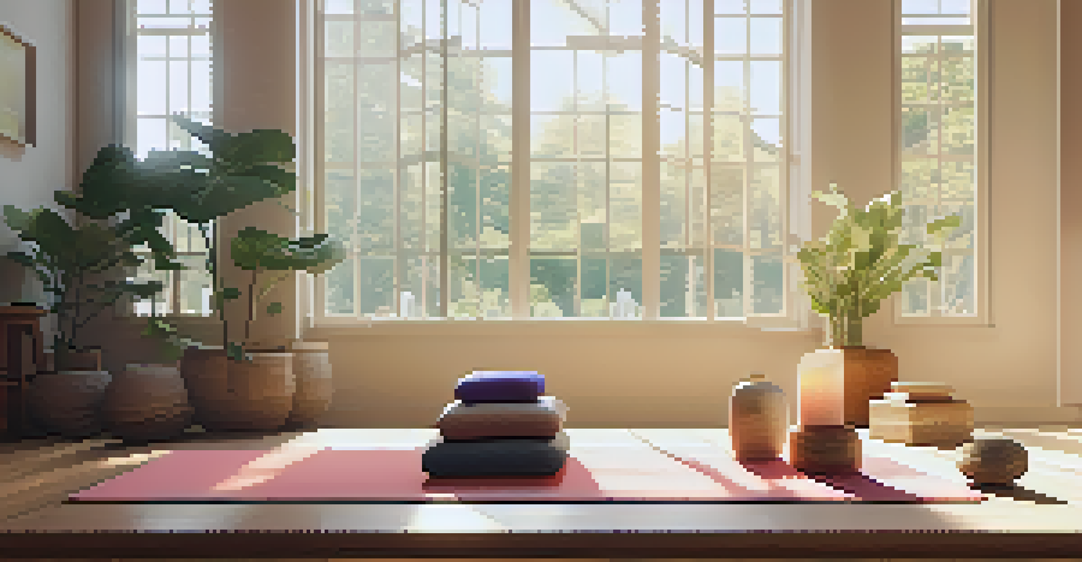 A well-lit yoga space with a mat, cushions, and calming elements, ready for practice.