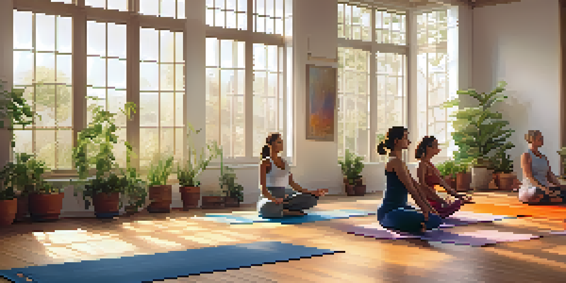 A peaceful yoga class in a bright room filled with natural light, featuring people practicing gentle yoga poses on colorful mats with plants around.
