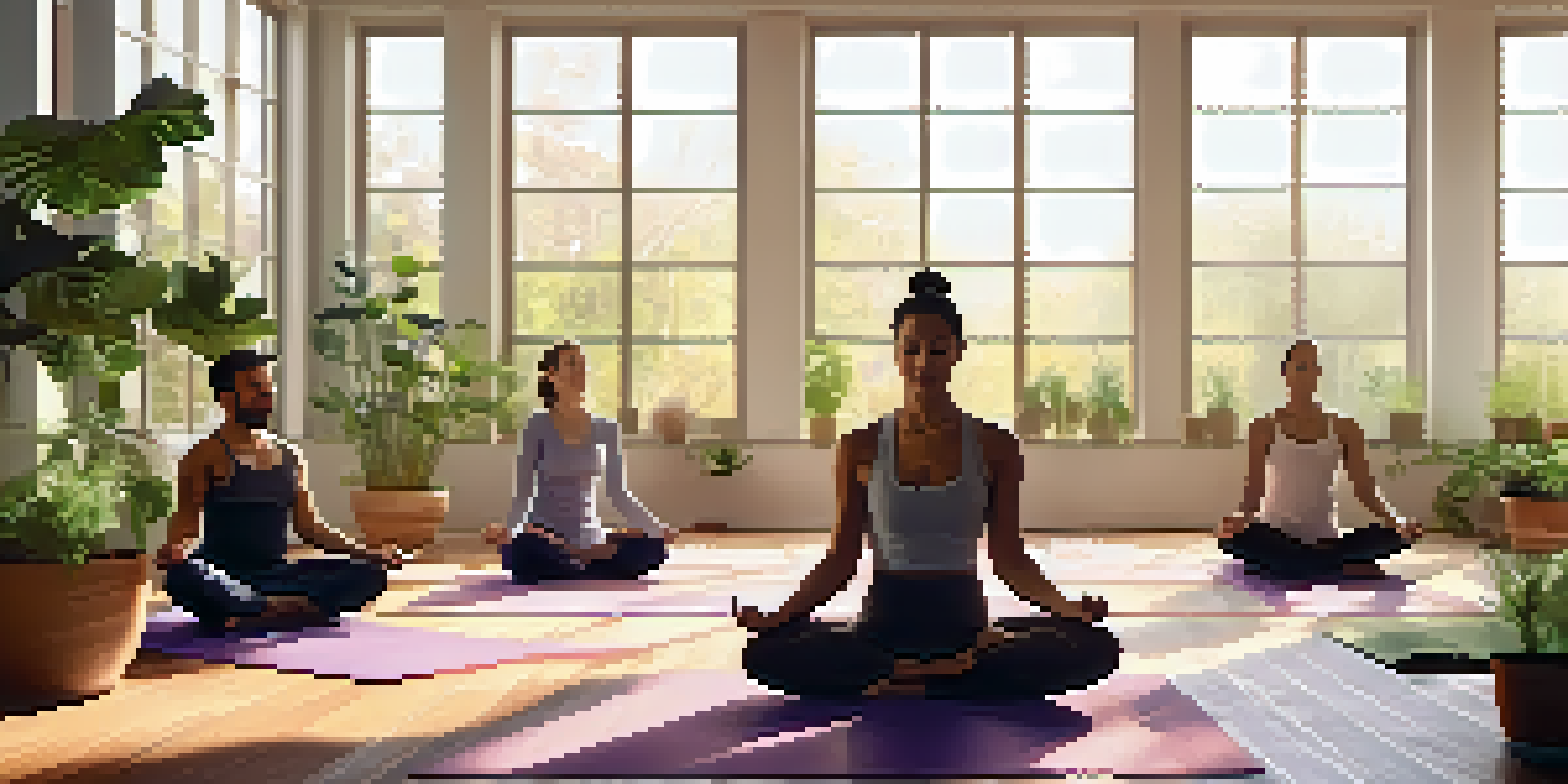A diverse group of individuals practicing yoga in a sunlit room filled with indoor plants, creating a peaceful atmosphere.