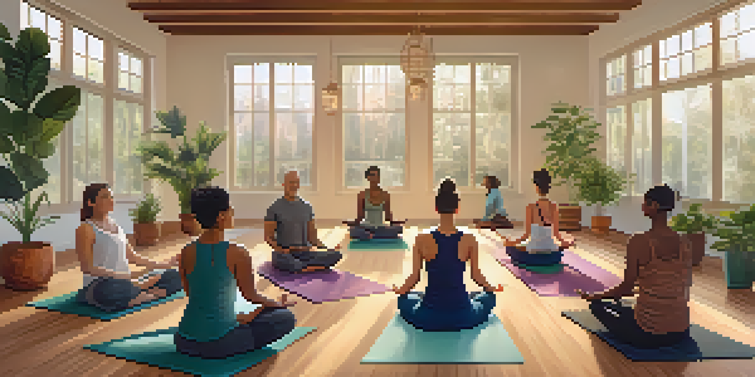 A diverse group of people meditating together in a bright yoga studio, creating a sense of community.