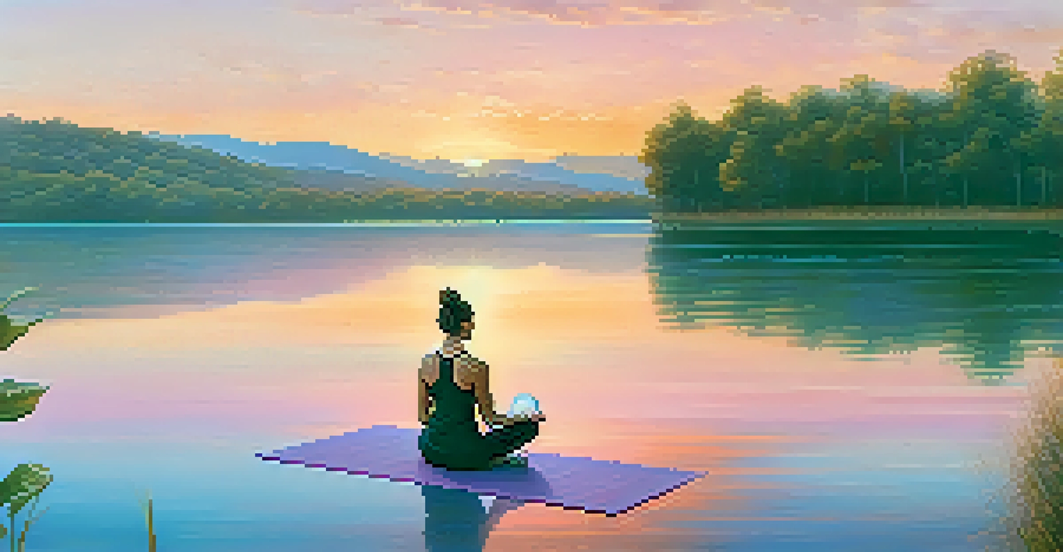 A person practicing yoga by a peaceful lake at sunrise, with a reusable water bottle on their mat.