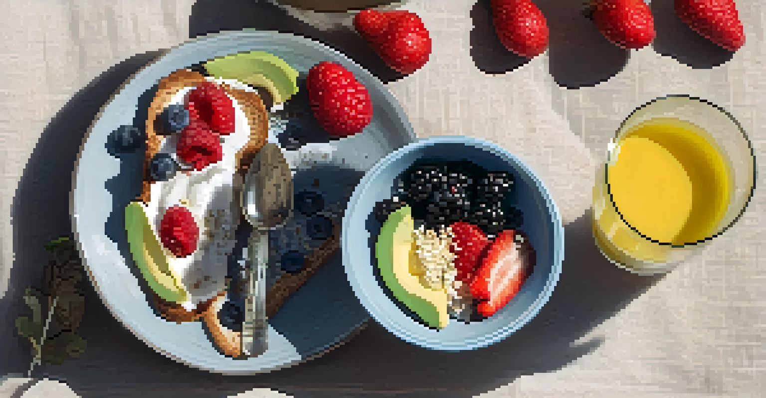 An overhead view of a breakfast spread featuring a bowl of berries, avocado toast, and a glass of coconut water on a linen-covered table.