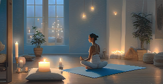 A person practicing Child's Pose in a softly lit room with candles, creating a peaceful atmosphere for relaxation.
