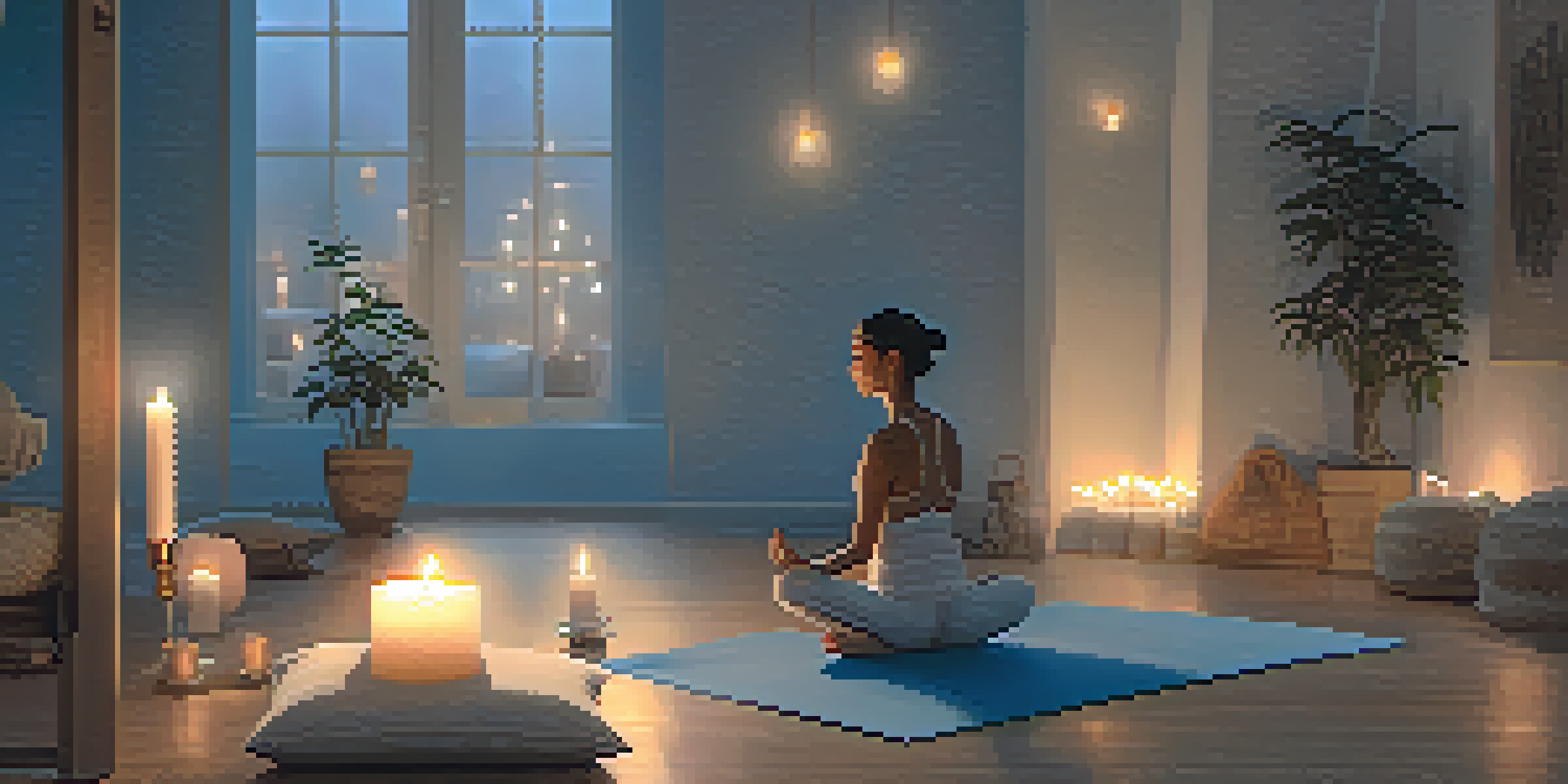 A person practicing Child's Pose in a softly lit room with candles, creating a peaceful atmosphere for relaxation.