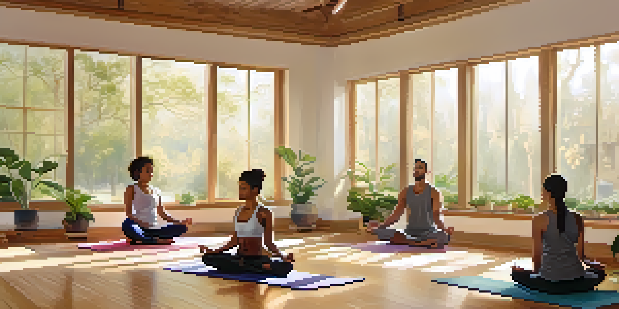 A diverse group of people practicing mindful listening in a yoga studio with soft natural light and calming colors.