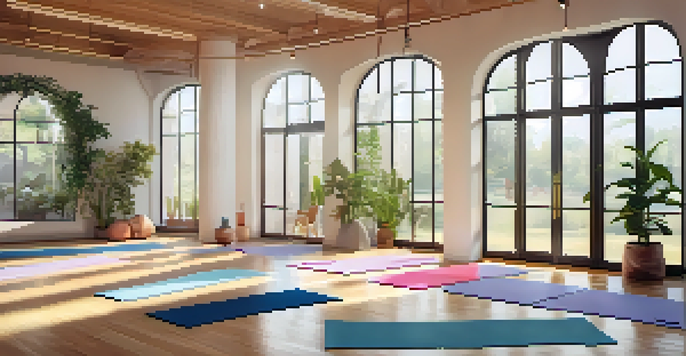 A peaceful yoga studio with sunlight, plants, and individuals practicing yoga together in a circle.