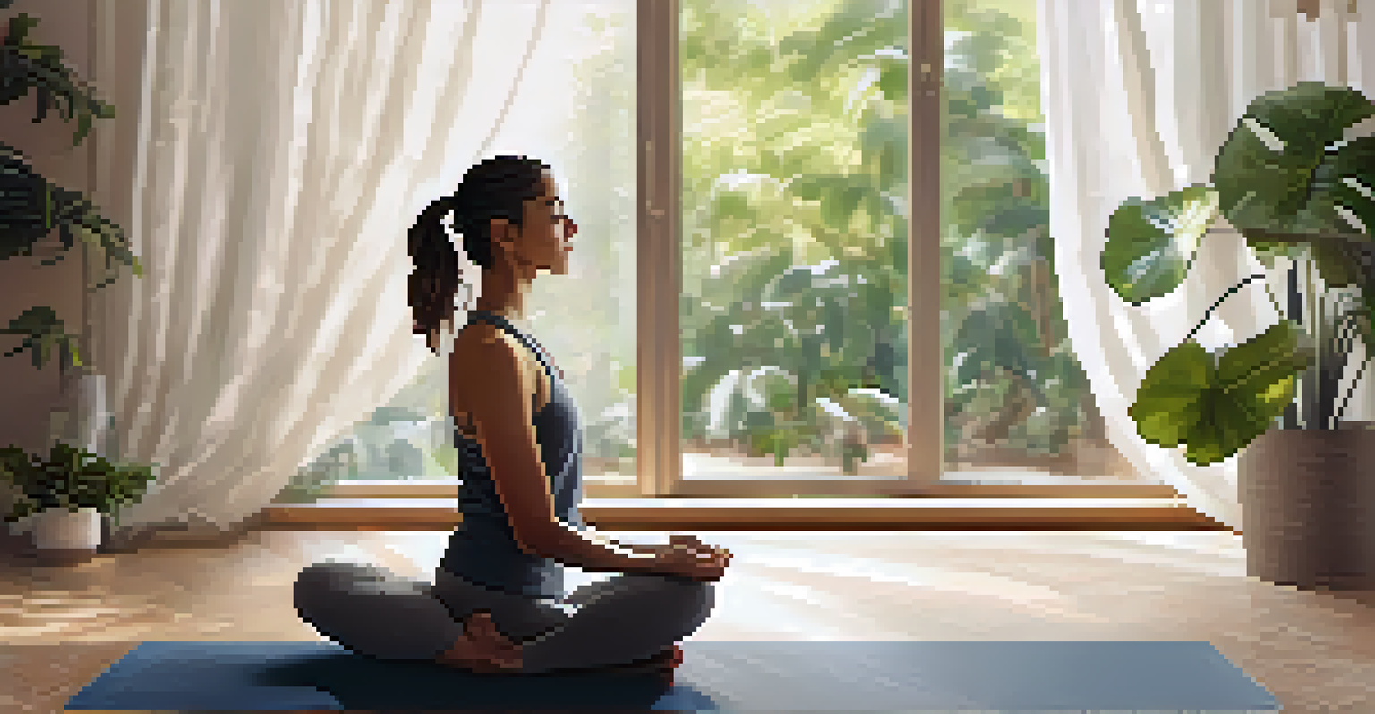 Close-up of a person practicing mindful breathing during yoga, with a tranquil expression and gentle sunlight illuminating their face.