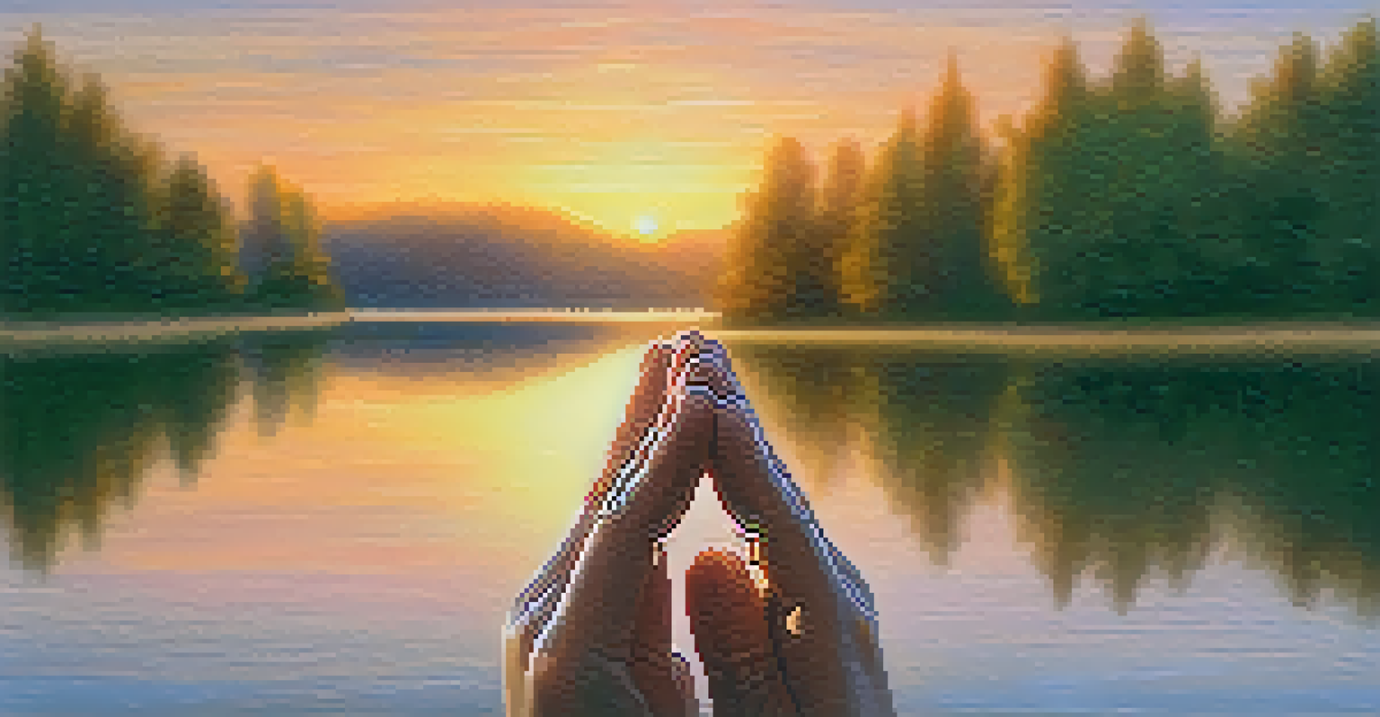Close-up of hands in a mudra gesture with a tranquil nature background of a calm lake at sunset.