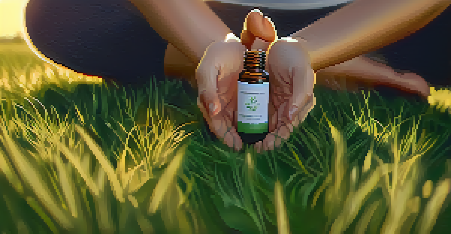 A close-up of a person practicing yoga outdoors at sunset, with peppermint oil nearby, showing focus and calmness.