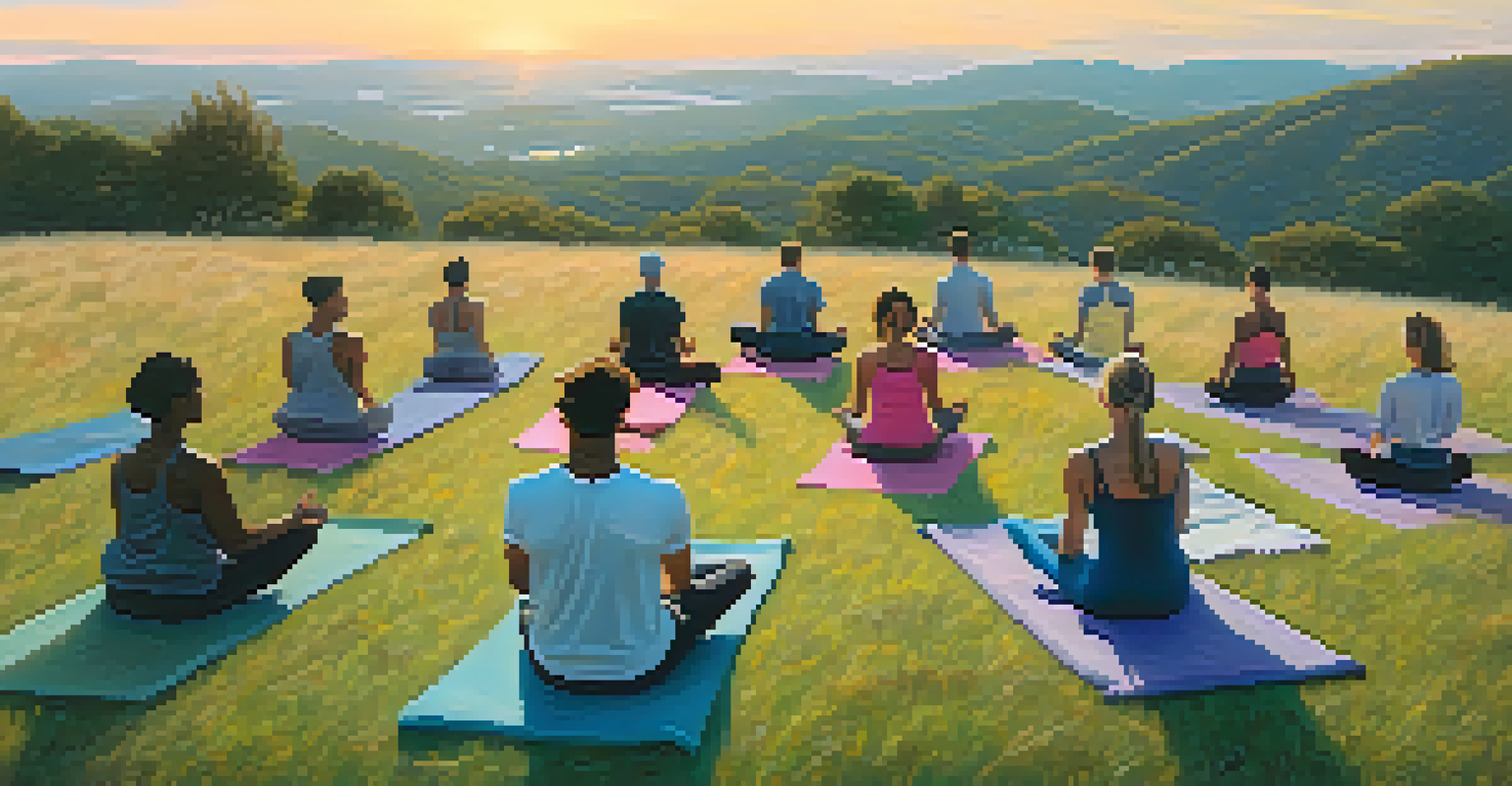 A group of diverse individuals practicing yoga outdoors at sunrise on a grassy hilltop with a colorful sky.