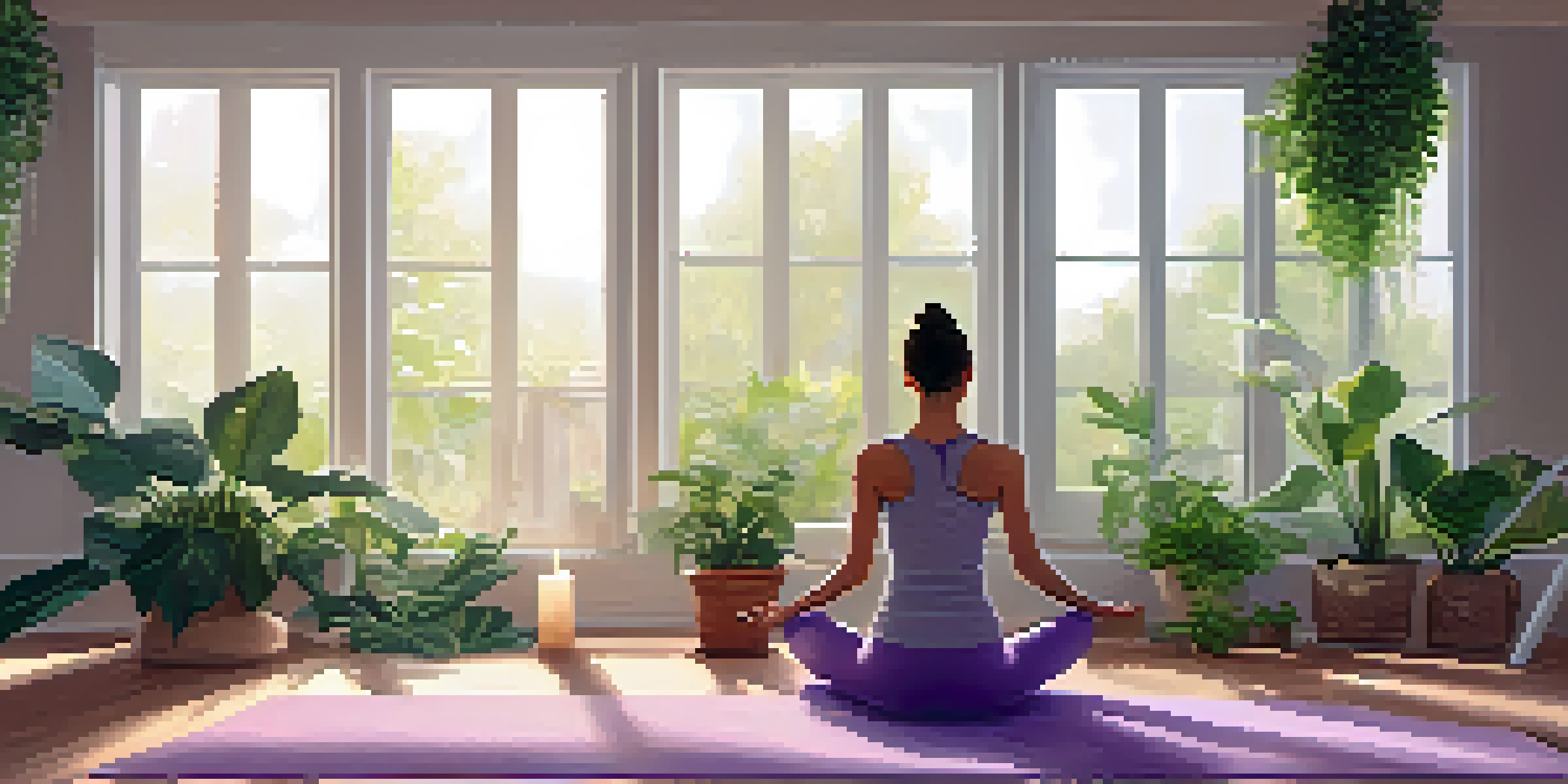 A tranquil yoga studio with a person practicing yoga on a mat, surrounded by plants and soft lighting.