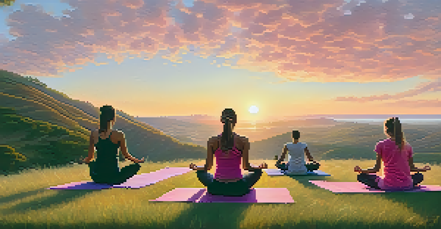 Individuals practicing yoga at sunrise on a grassy hill, surrounded by a beautiful landscape and a colorful sky.