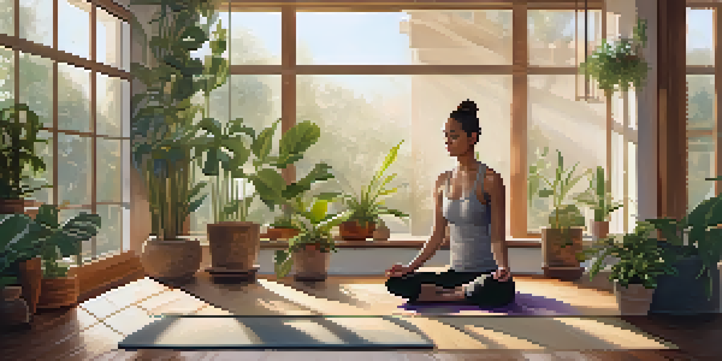 A person meditating in a sunlit yoga studio filled with plants and cushions.
