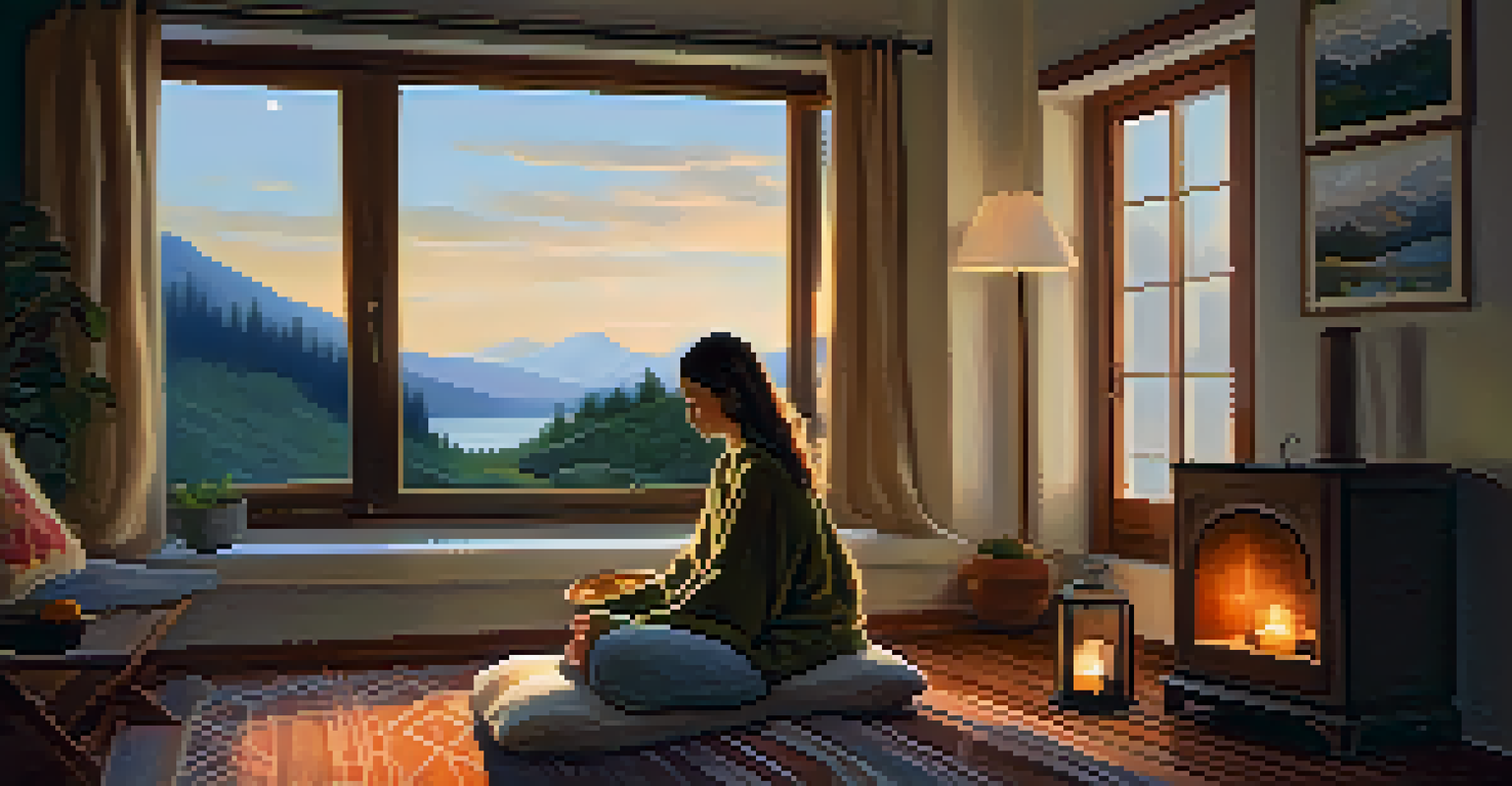 A person sitting on a mat in a cozy home, practicing deep breathing with a candle and soft lighting.