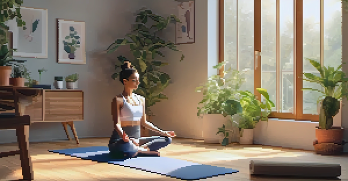 A person practicing yoga at home on a mat with plants and soft lighting, with a smartphone displaying a yoga app nearby.