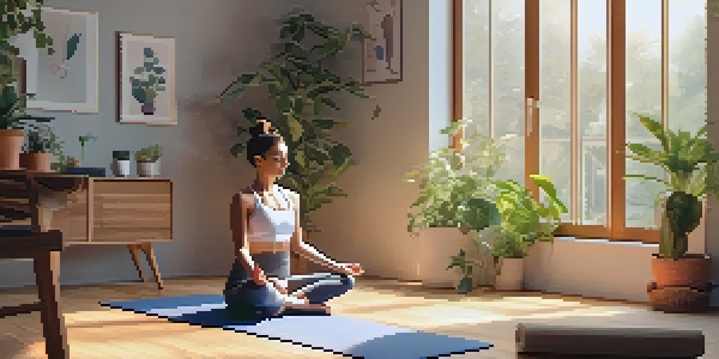 A person practicing yoga at home on a mat with plants and soft lighting, with a smartphone displaying a yoga app nearby.