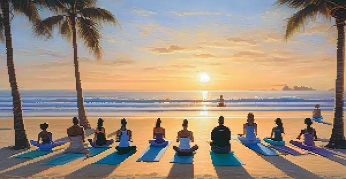 A group of people practicing yoga on a beach during sunrise, with soft golden light illuminating the scene and ocean waves in the background.