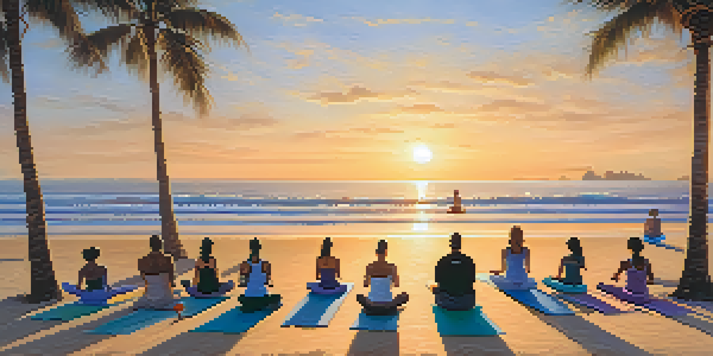 A group of people practicing yoga on a beach during sunrise, with soft golden light illuminating the scene and ocean waves in the background.