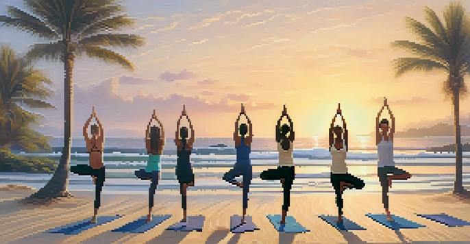 A diverse group of people practicing yoga on a beach at sunrise, with soft golden light and palm trees in the background.