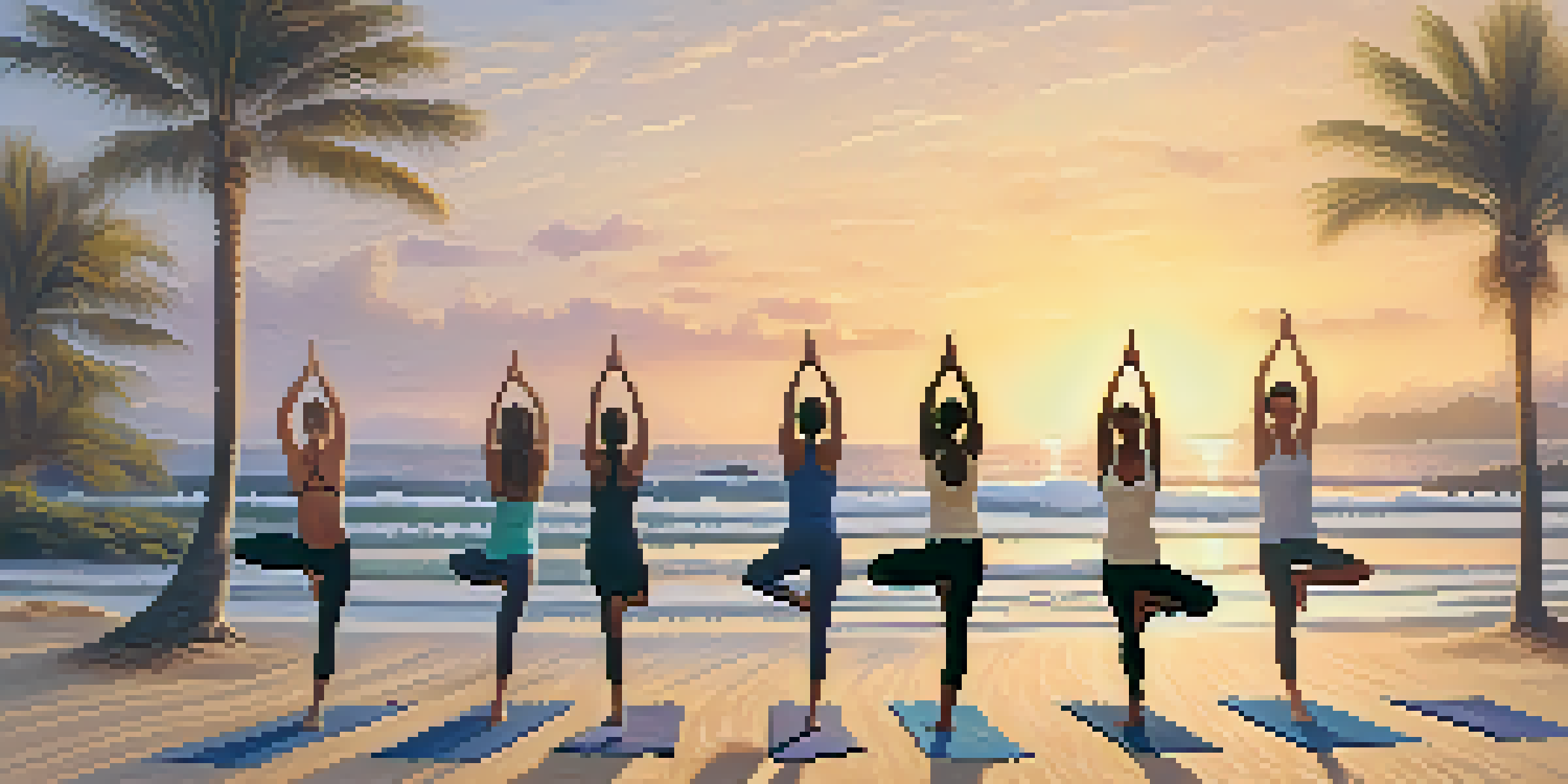 A diverse group of people practicing yoga on a beach at sunrise, with soft golden light and palm trees in the background.