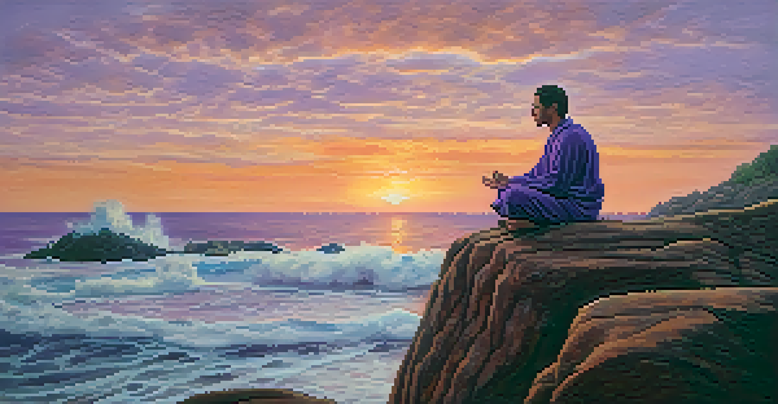 A person meditating on a cliff by the ocean at sunset, with colorful sky and gentle waves below.