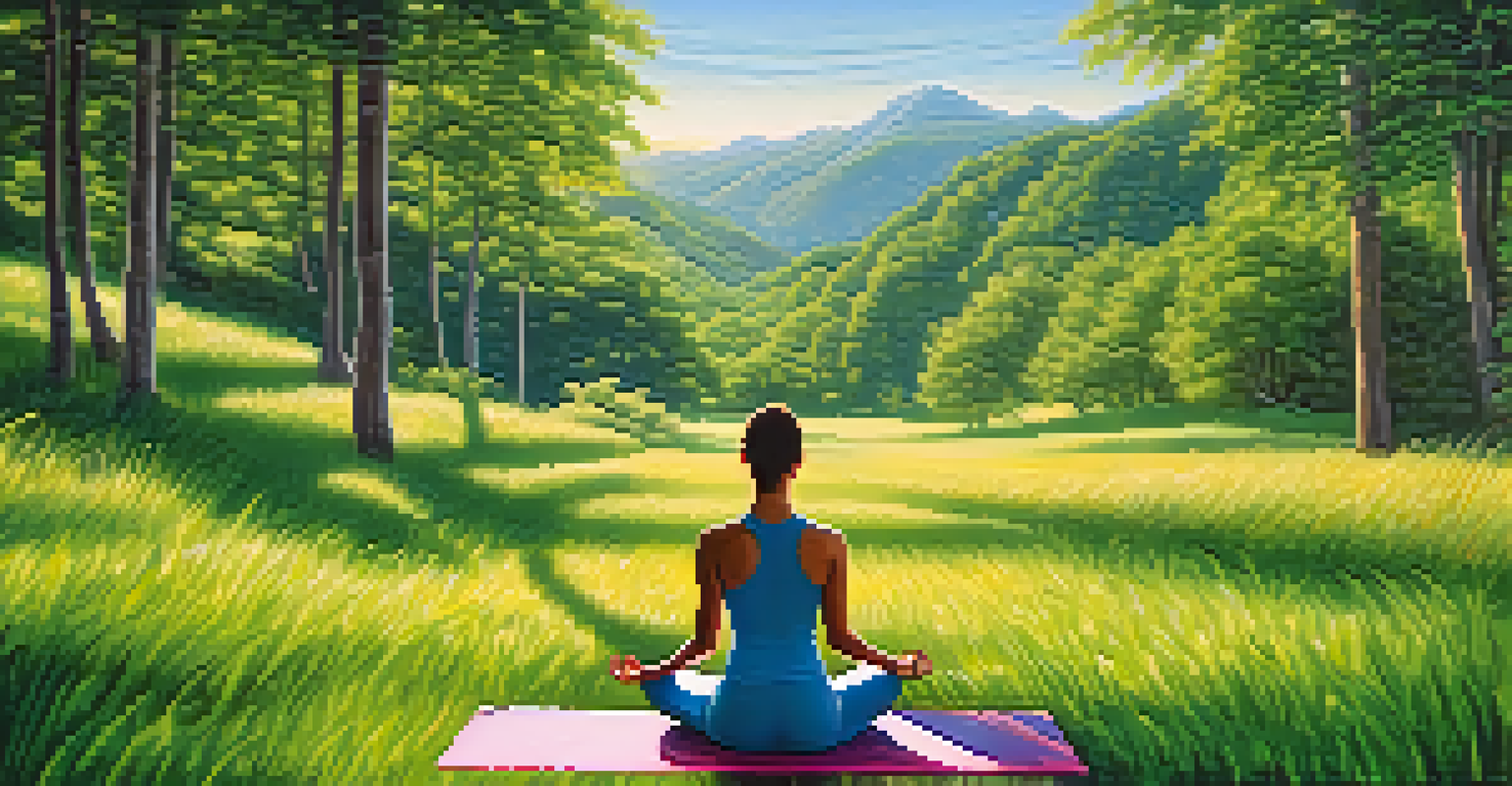 A person meditating in nature with colorful sound waves emanating from a singing bowl, surrounded by lush greenery.