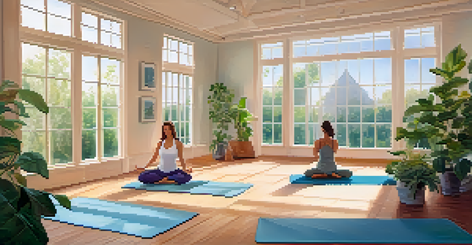 A peaceful yoga studio filled with natural light and indoor plants, showcasing a person practicing Hatha yoga in a calming pose.