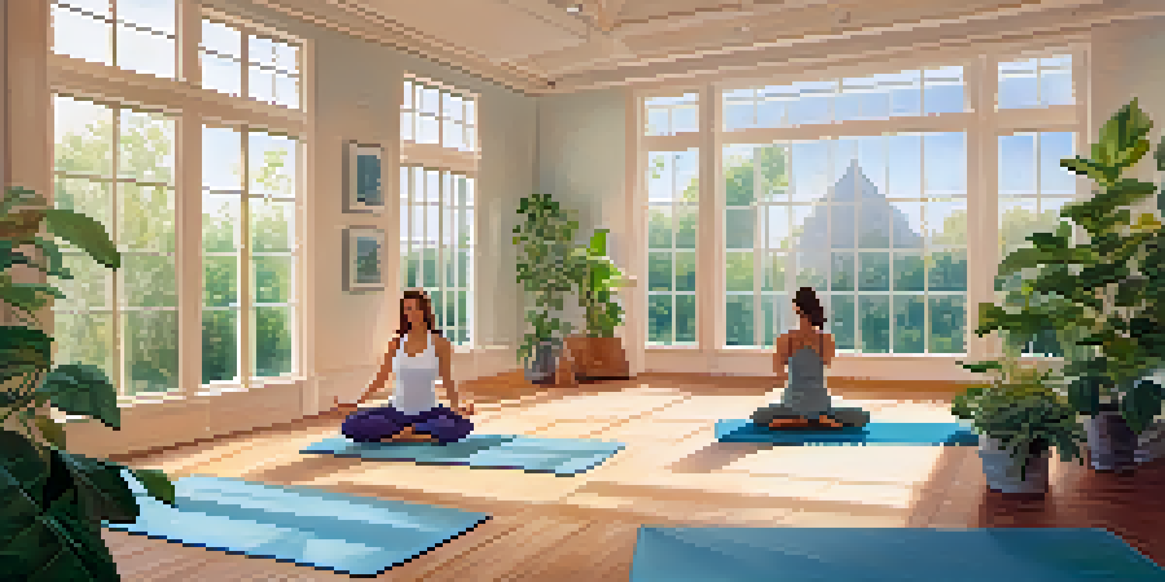 A peaceful yoga studio filled with natural light and indoor plants, showcasing a person practicing Hatha yoga in a calming pose.