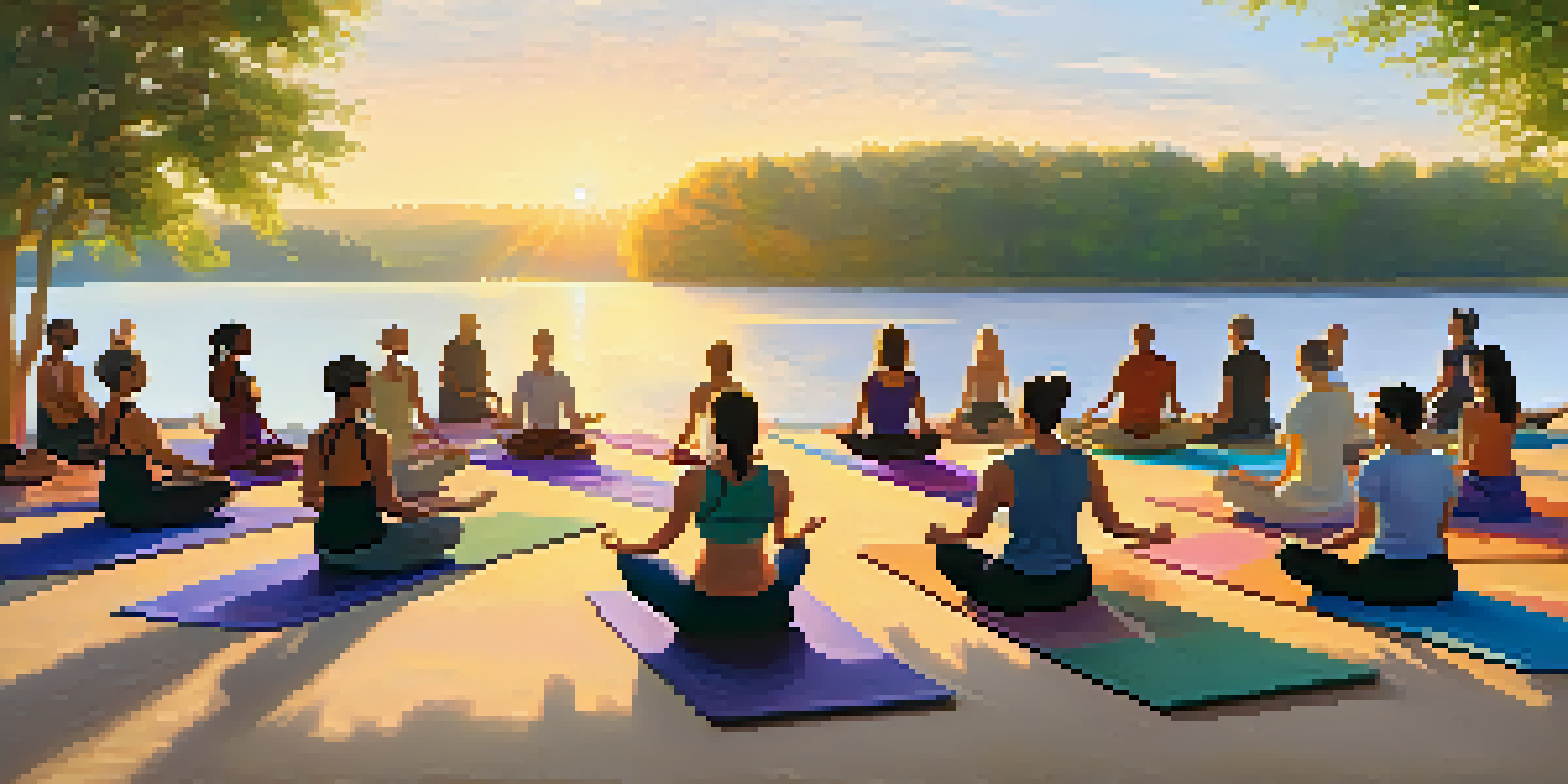 A diverse group of people practicing yoga outdoors at sunrise, surrounded by nature and calm water.