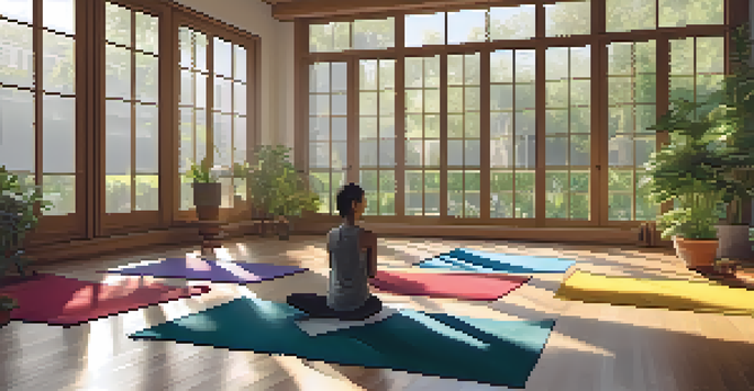 A peaceful yoga studio with practitioners meditating, sunlight streaming through large windows and plants around.