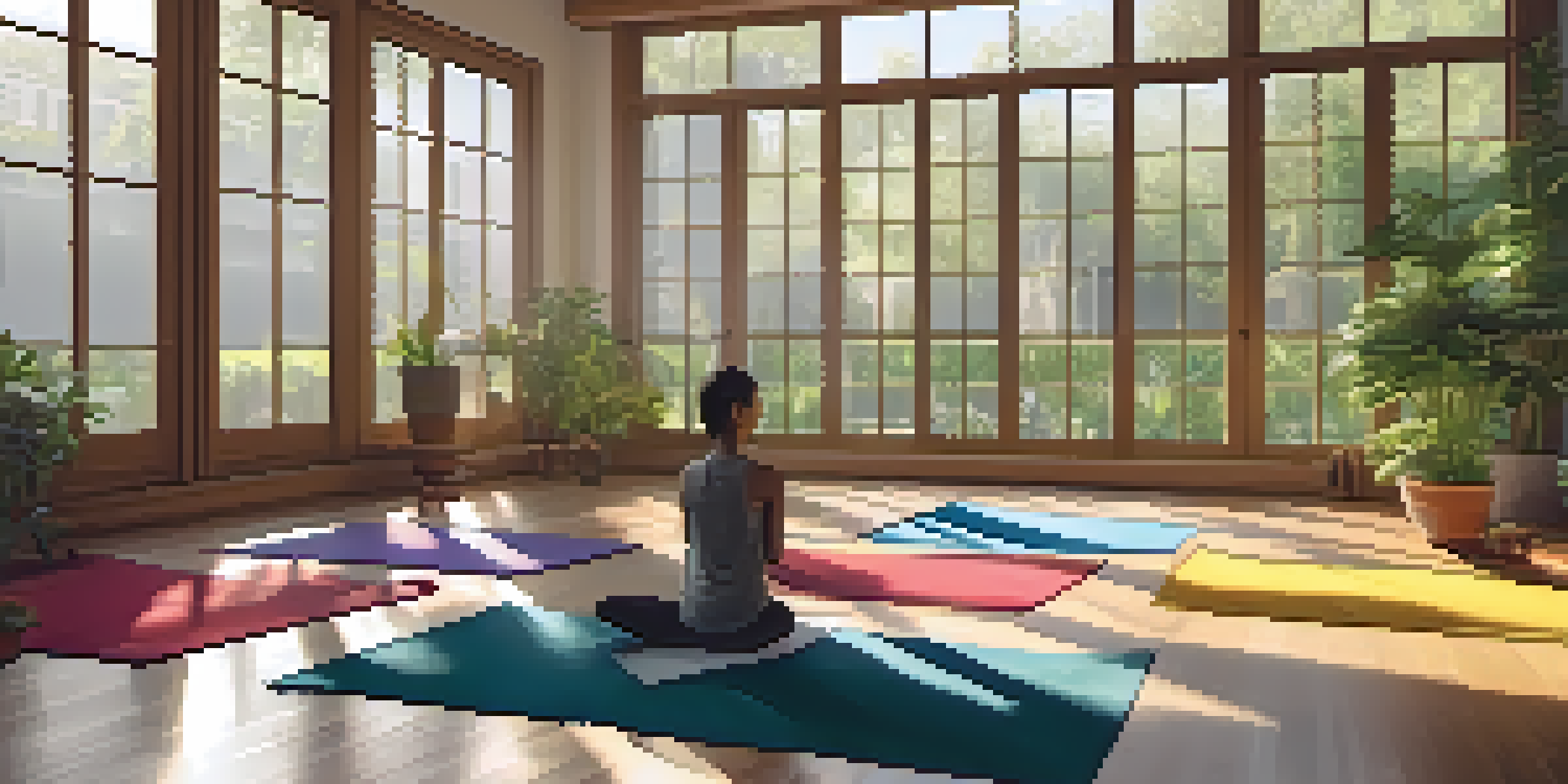 A peaceful yoga studio with practitioners meditating, sunlight streaming through large windows and plants around.