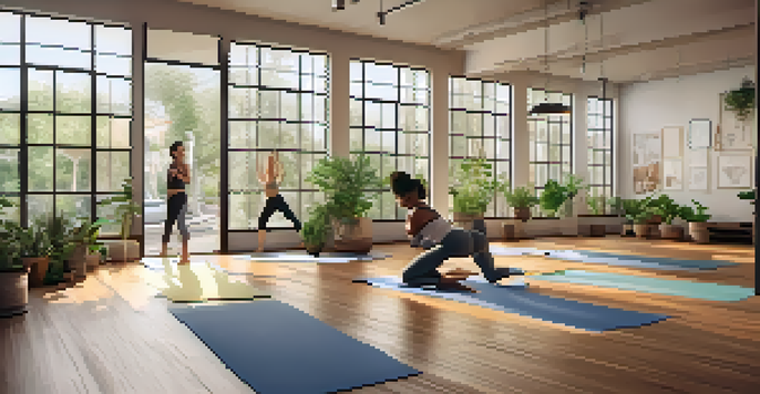 A diverse group of individuals practicing yoga in a bright, serene studio filled with natural light and greenery.