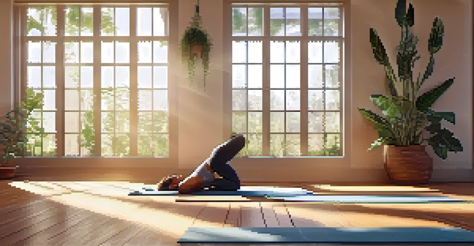 A person practicing Plank Pose in a bright yoga studio, with wooden floors and large windows, surrounded by plants.