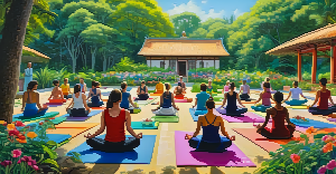 A diverse group of people practicing yoga in a beautiful garden with colorful mats and blooming flowers, symbolizing cultural exchange.