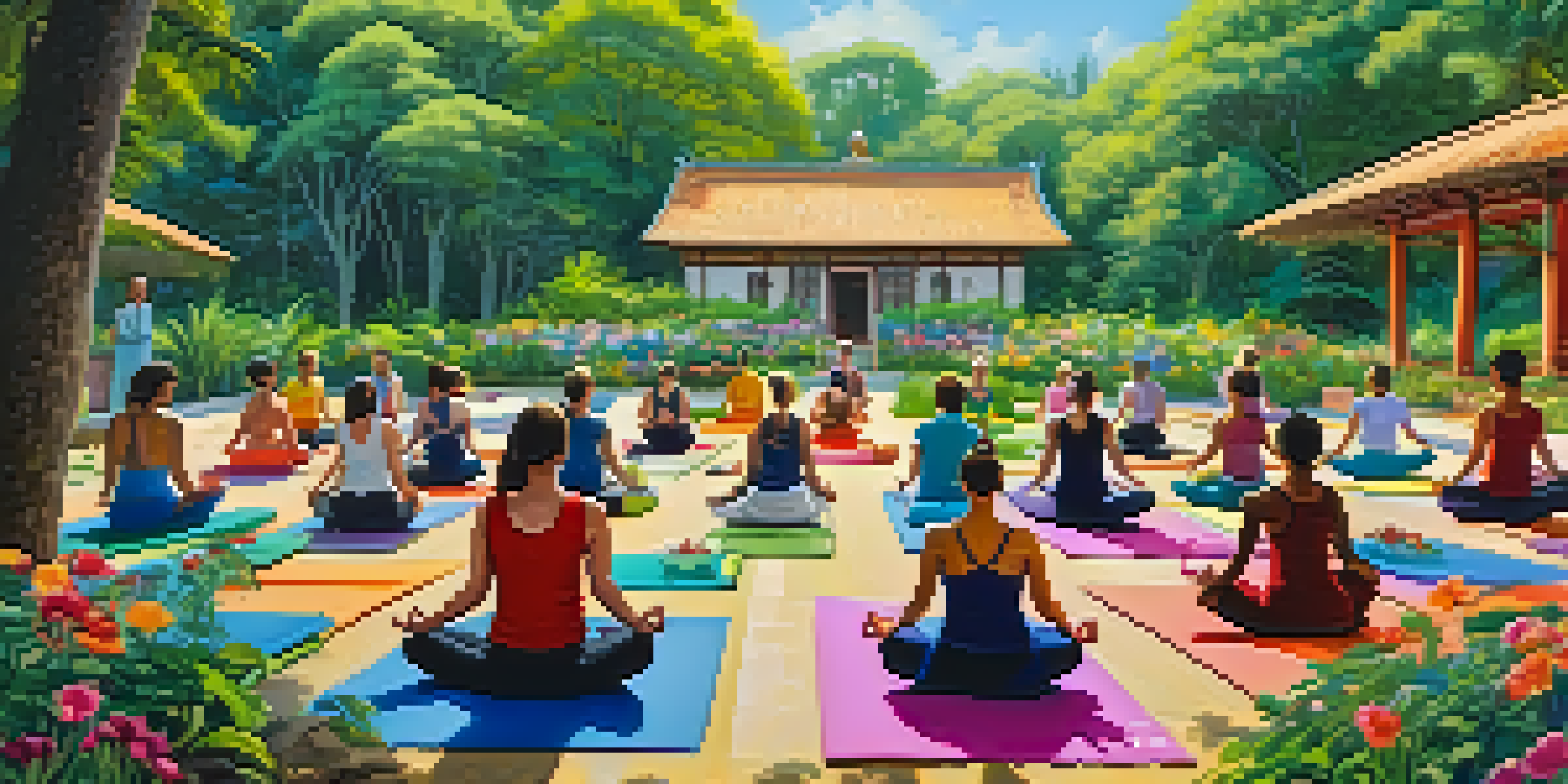 A diverse group of people practicing yoga in a beautiful garden with colorful mats and blooming flowers, symbolizing cultural exchange.