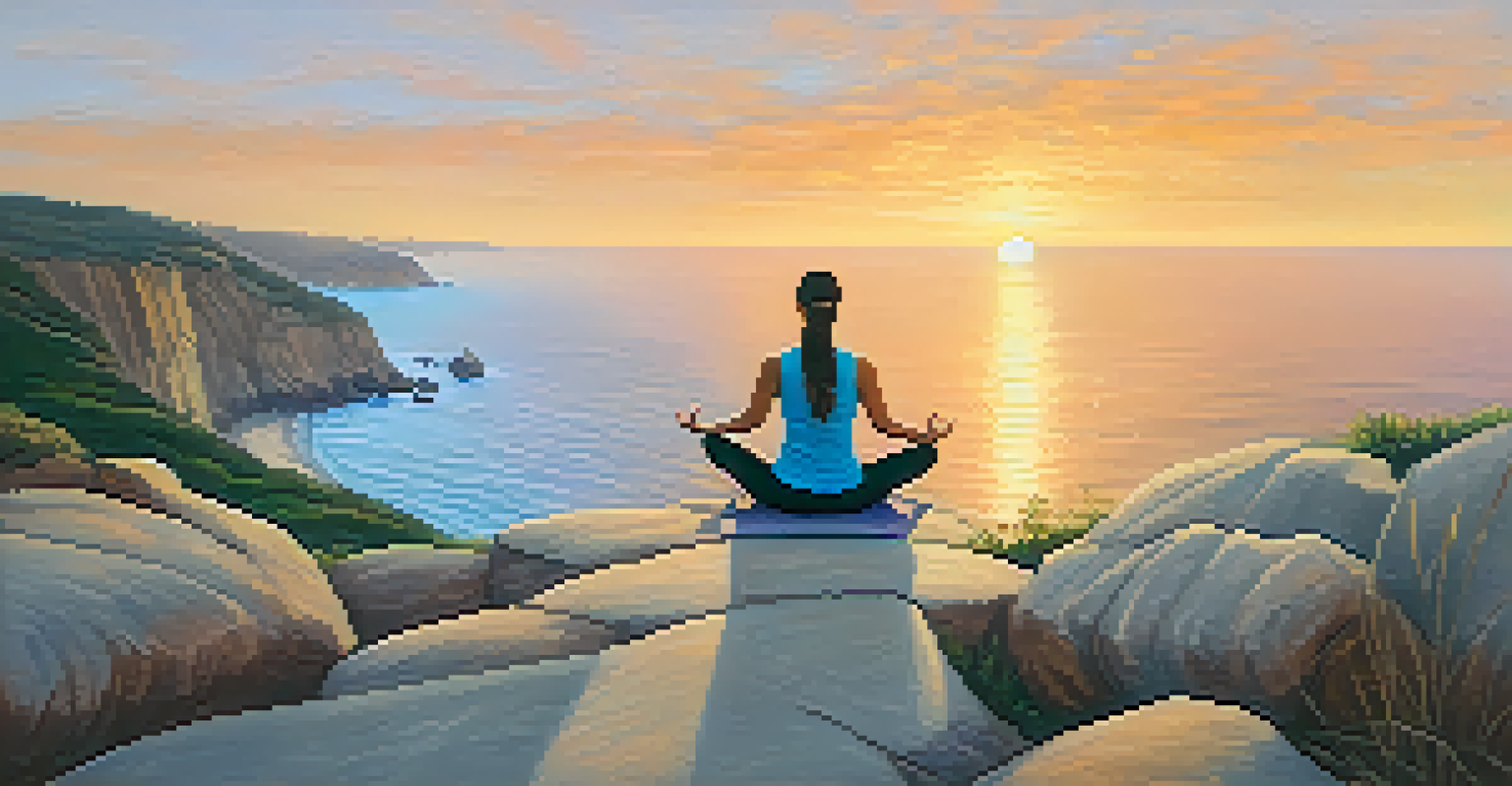 A person practicing yoga on a cliff at sunrise, with an ocean view.