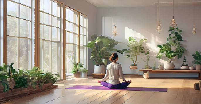 A person practicing yoga in a calm and serene studio, with natural light and plants surrounding them.