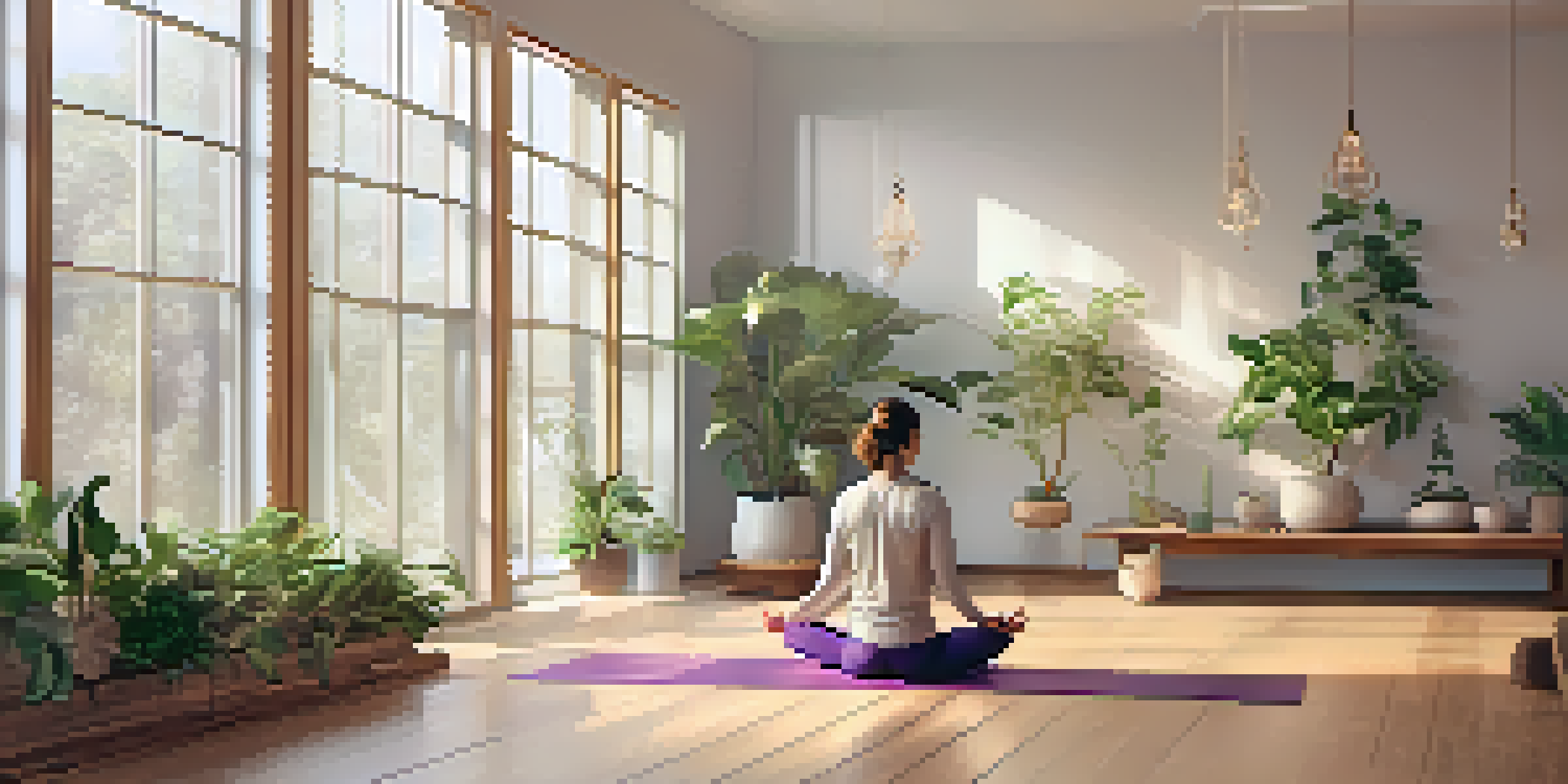A person practicing yoga in a calm and serene studio, with natural light and plants surrounding them.