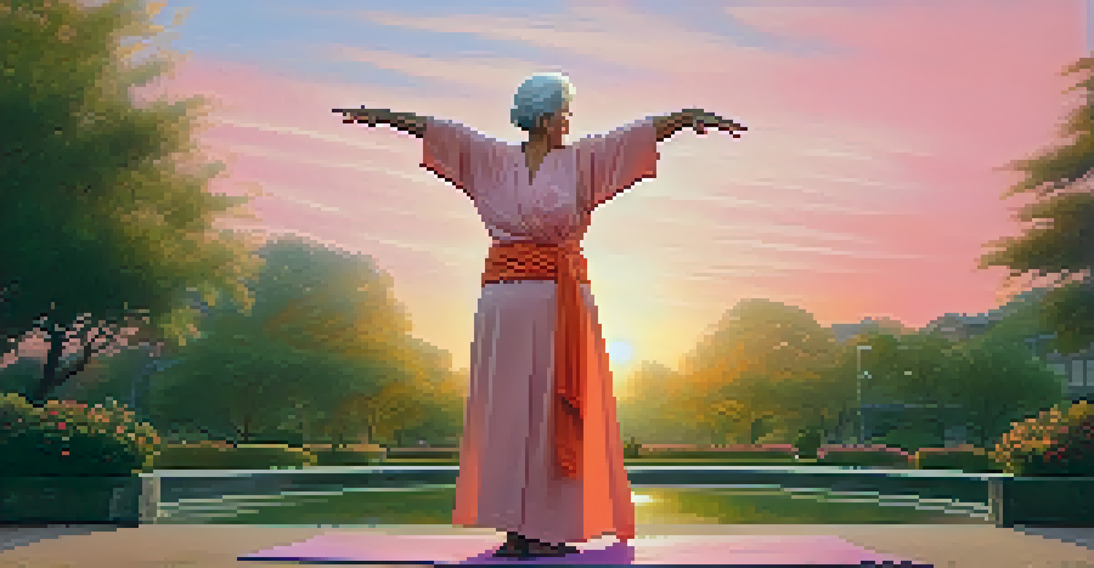 An elderly woman practicing a yoga Warrior pose in a sunset park.