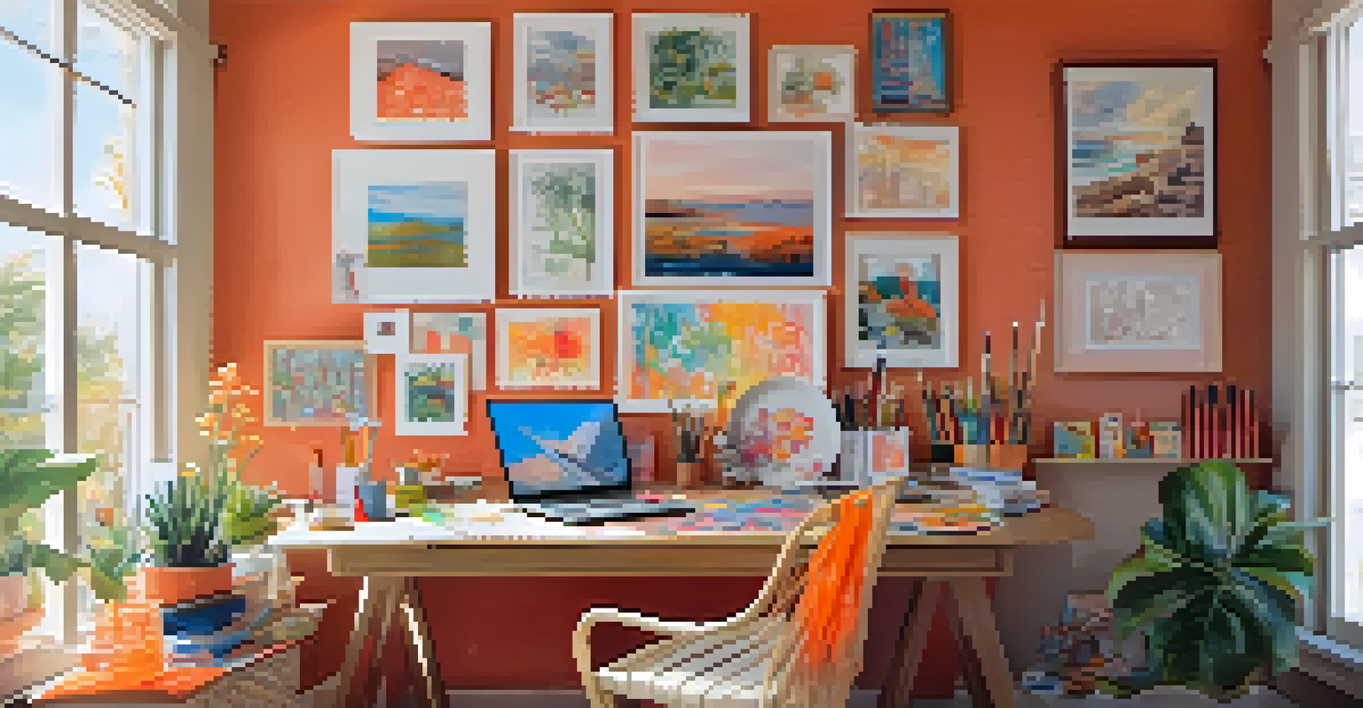 A colorful artist's workspace filled with paint supplies and vibrant artwork, illuminated by soft natural light.
