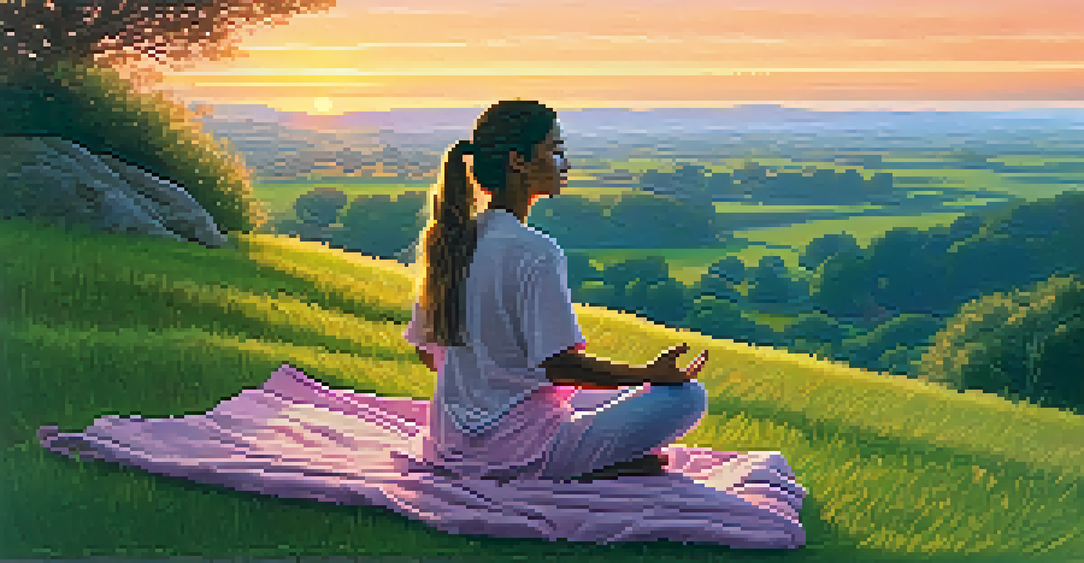 A woman meditating on a grassy hill at sunrise with a colorful sky and lush landscape.
