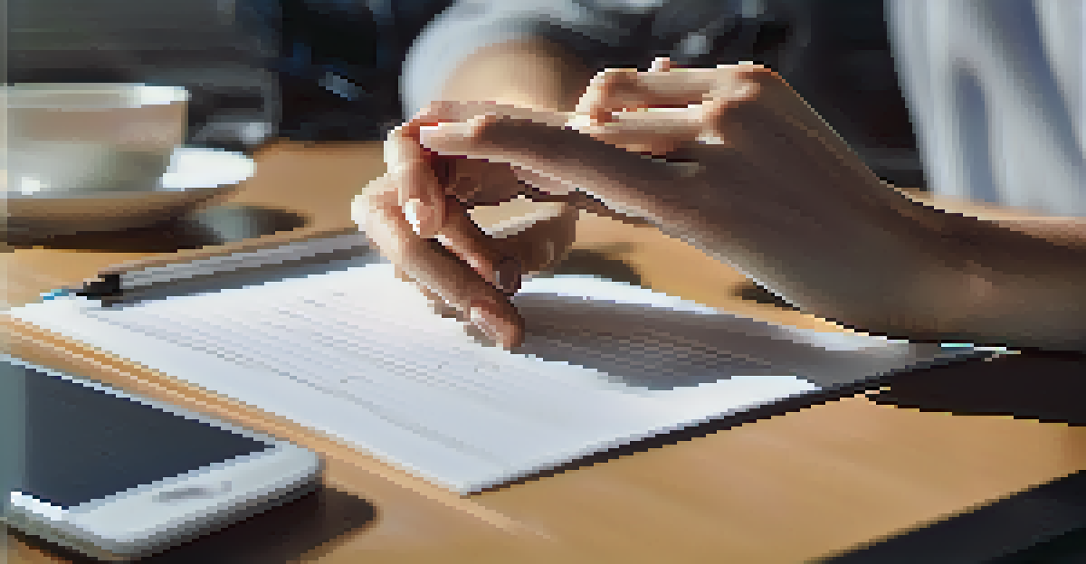 A close-up of a person's hands doing wrist and finger stretches at an office desk.