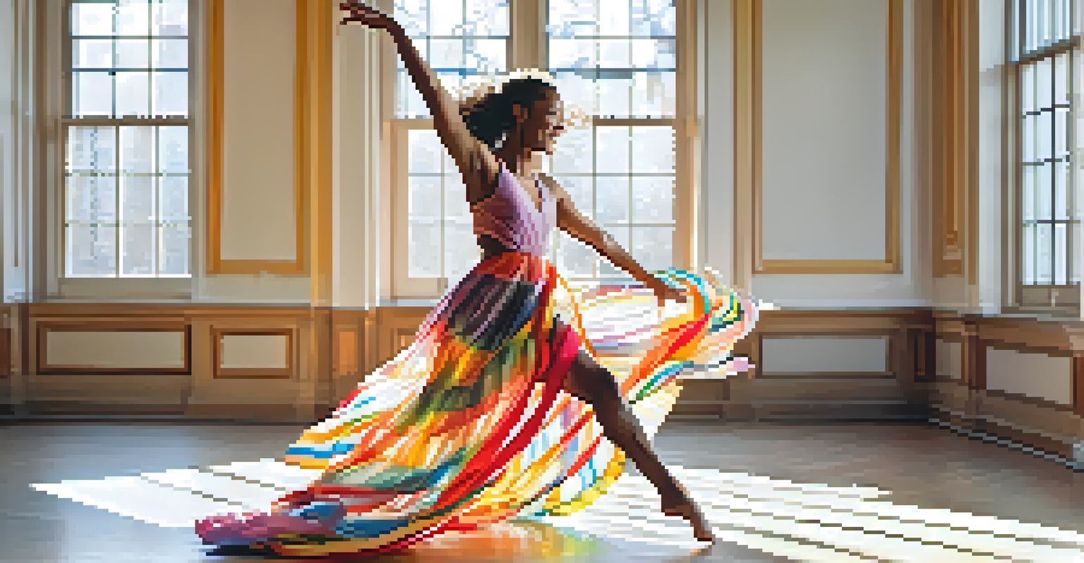 A dancer in motion, wearing vibrant clothing, expressing joy and creativity in a sunlit room.