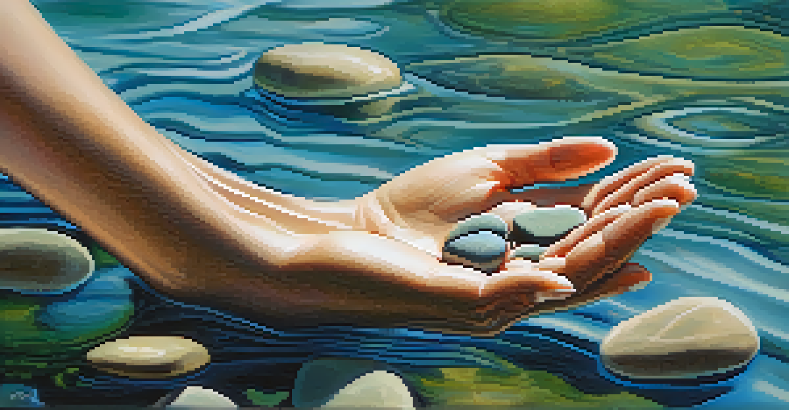 Close-up of hands in a yoga mudra over a calm water surface with stones.