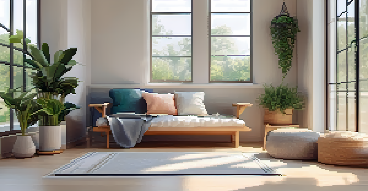A cozy home yoga corner with a yoga mat, blanket, and plants, illuminated by natural light.